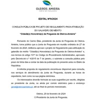 Notícias em destaque - Projeto de Regulamento para Atribuição do Galardão de Mérito "Cidadã(o) Honorária(o) da Freguesia Oleiros-Amieira"