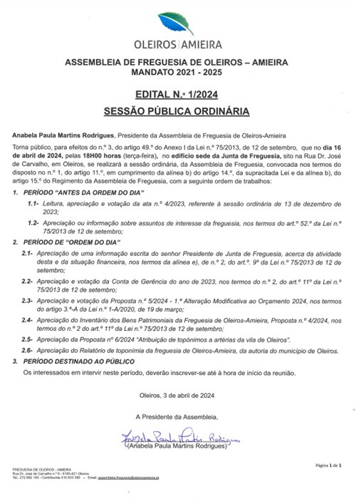 Convocatoria Sessao Publica Ordinaria