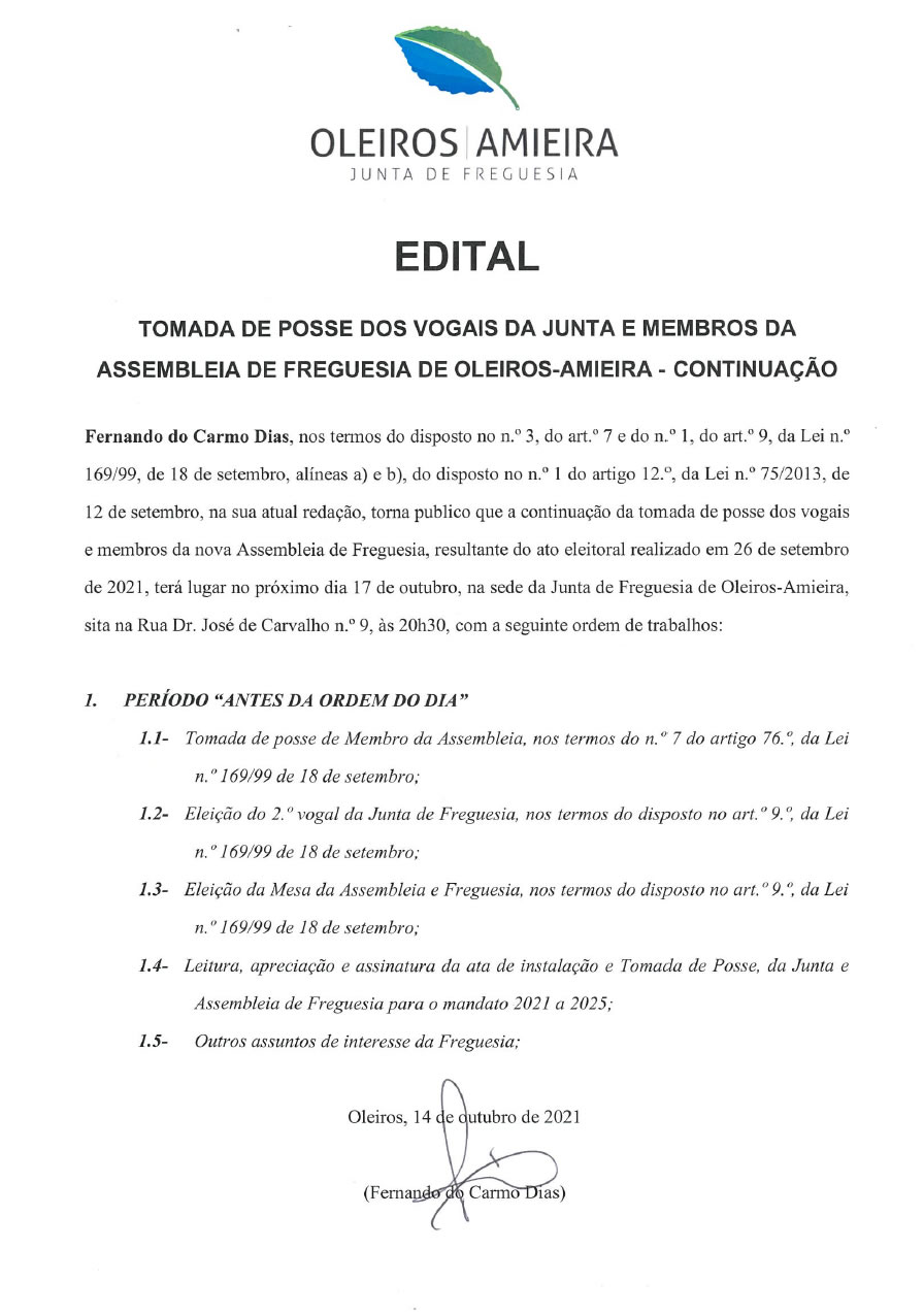 Notícias em destaque - Tomada de Posse dos Vogais da Junta e Membros da Assembleia de Freguesia - Continuação